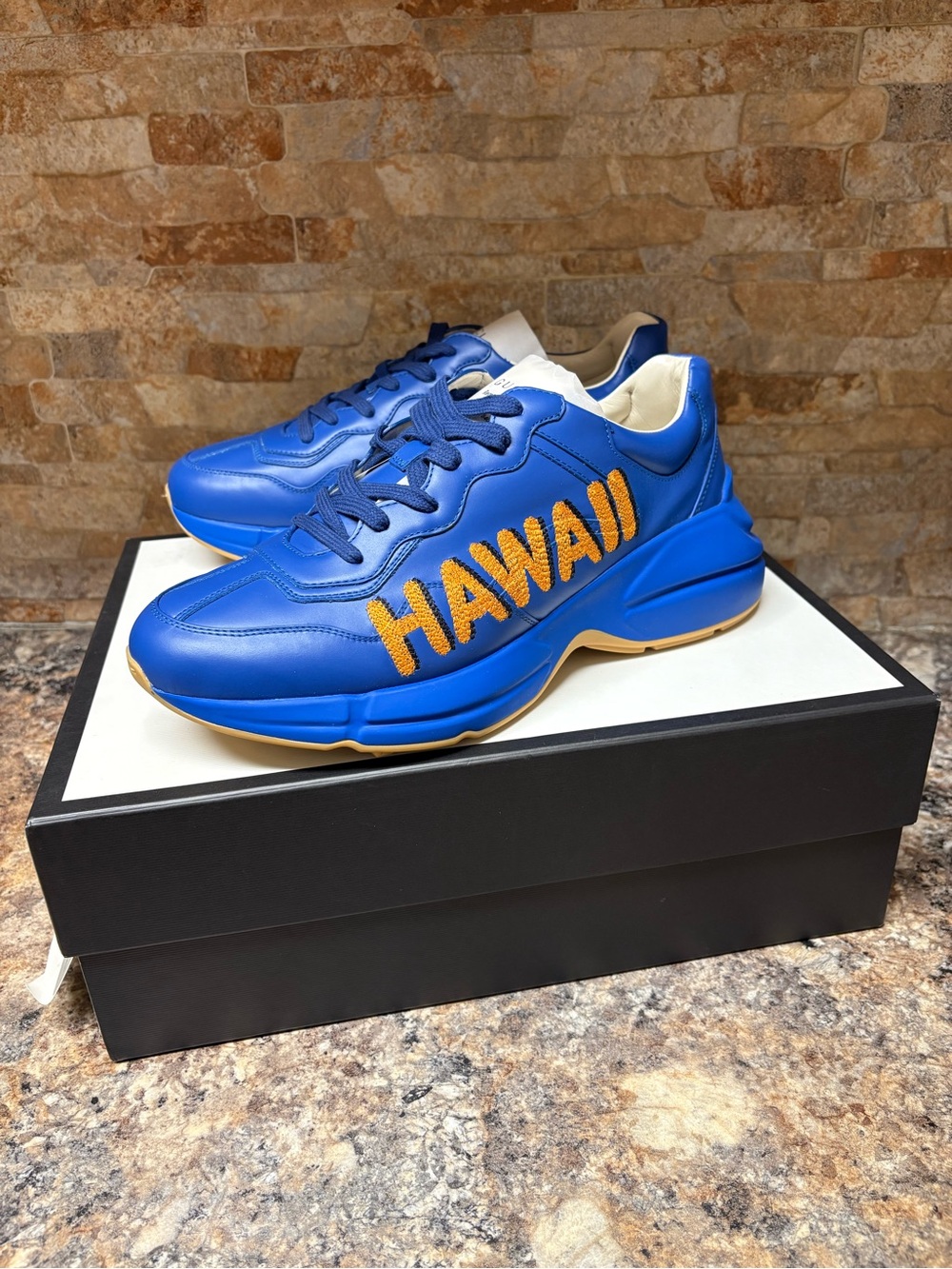Gucci Rython Hawaii Blue Leather Sneakers Size 9